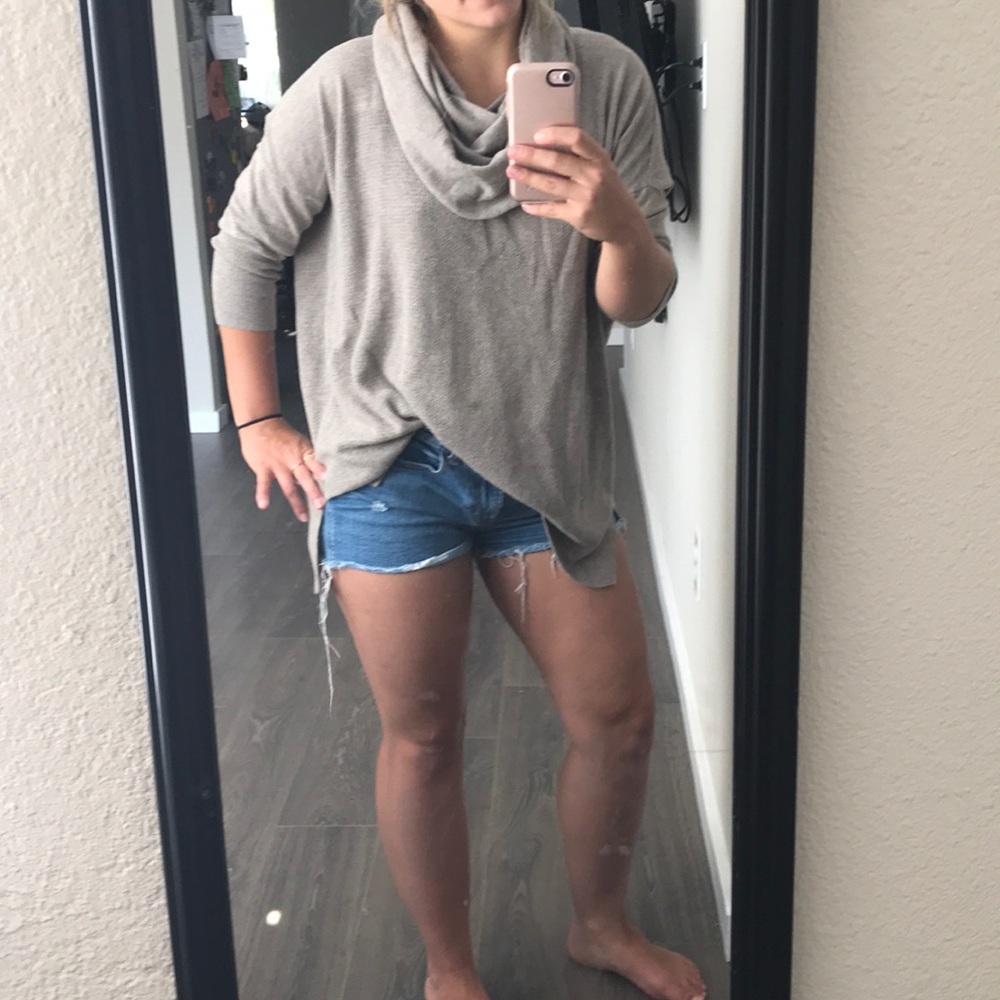 Tan sweater with long / folded neck